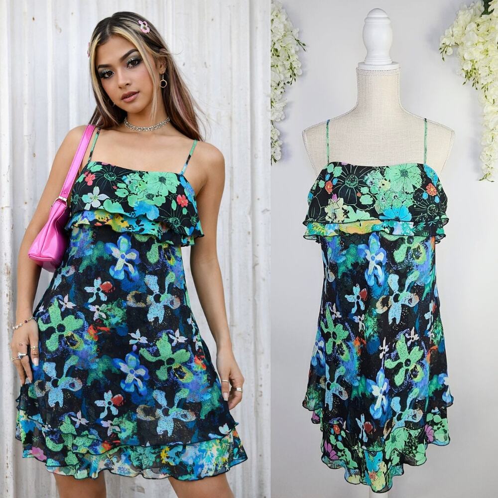 Thalia Sodi Dress Large Y2K Tropical Floral Ruffle Chiffon Fairycore Whimsigoth